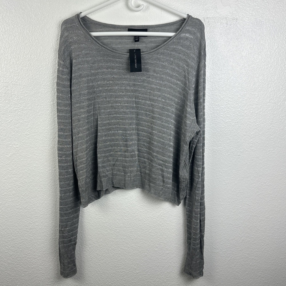 Lane Bryant 18/20 1X Gray Metallic Striped Knit Top Extra Long Sleeves Top Women